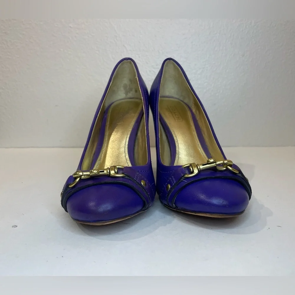Coach Desaree Purple Bock Heel Pumps Gold Hook‎ Buckle Accent Heels Size 6 B